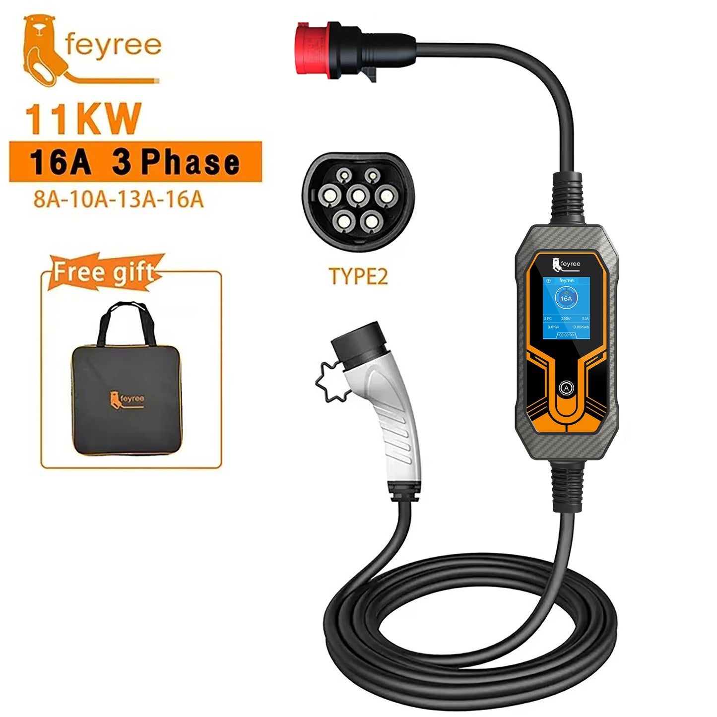 feyree 11KW Type2 Cable 16A 3Phase EV Portable Charger 32A 7KW EVSE Charging Box 5M Cable CEE Male Plug for Electric Car Charger